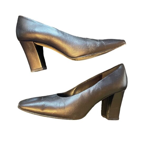 Enzo Angiolini Black Leather Heels Womens Shoes 7M Square Toe Made In Spain - Picture 2 of 9